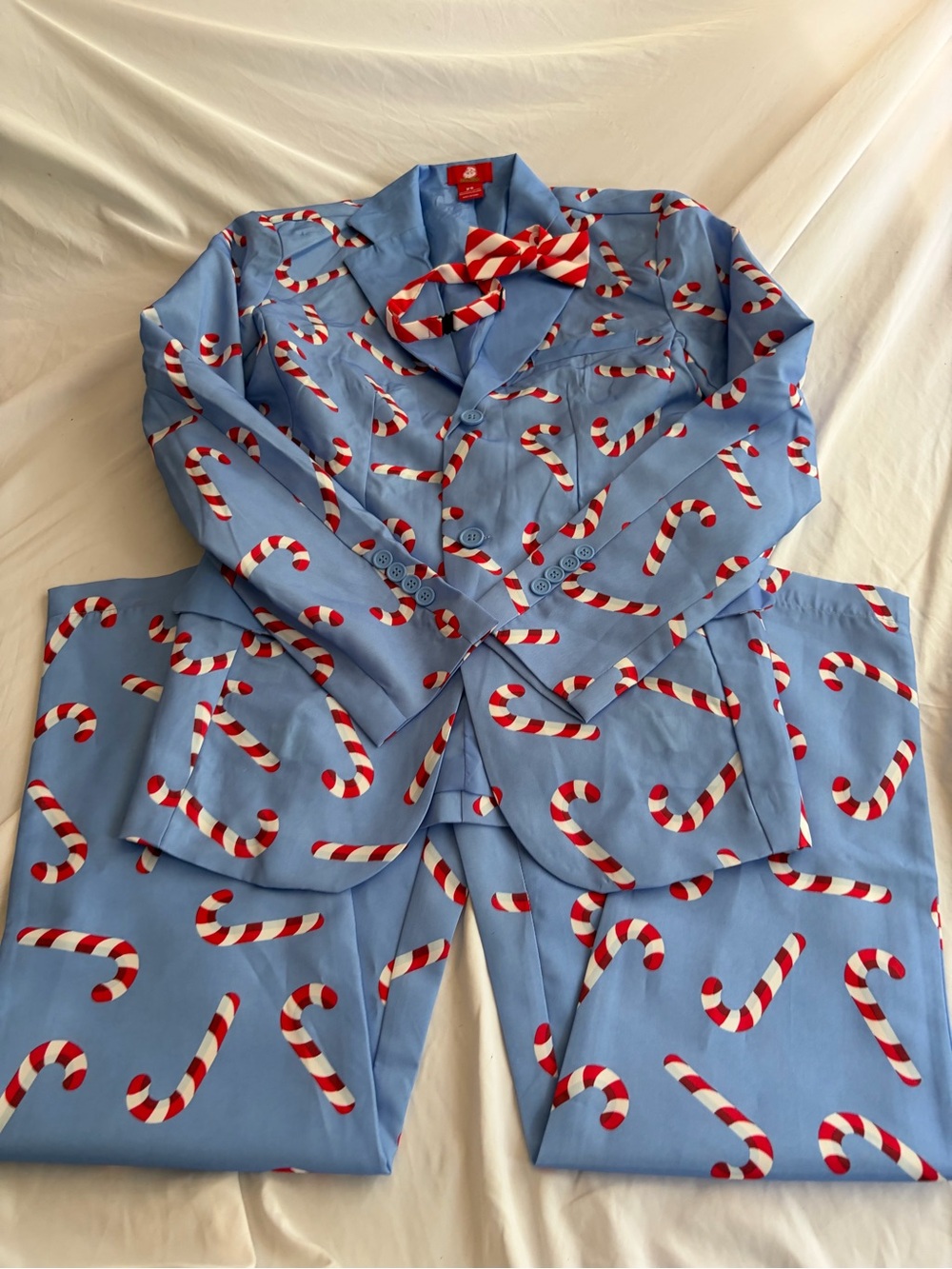 Dec 35 Men's Blue Christmas Suit Candy Cane Print Jacket Pants & Bow Tie Size XS